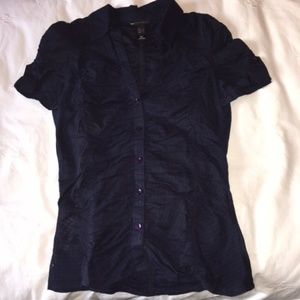 Ruched navy button up, short sleeve blouse